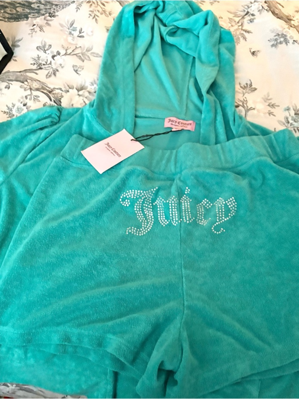 Juicy Couture Teal Velour Hoodie and Shorts Set with Rhinestone Logo